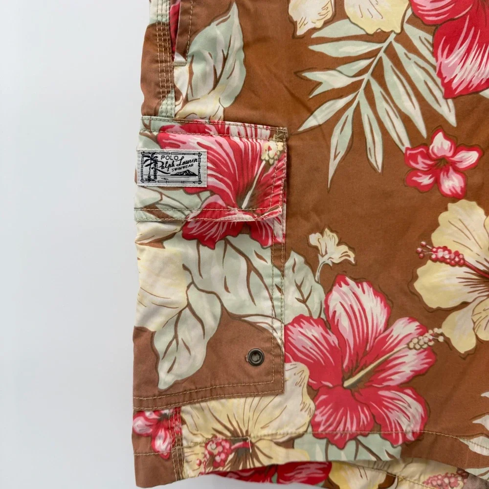 Polo Ralph Lauren Swim Trunks Men L Brown Hibiscus Floral Cargo Board Shorts‎